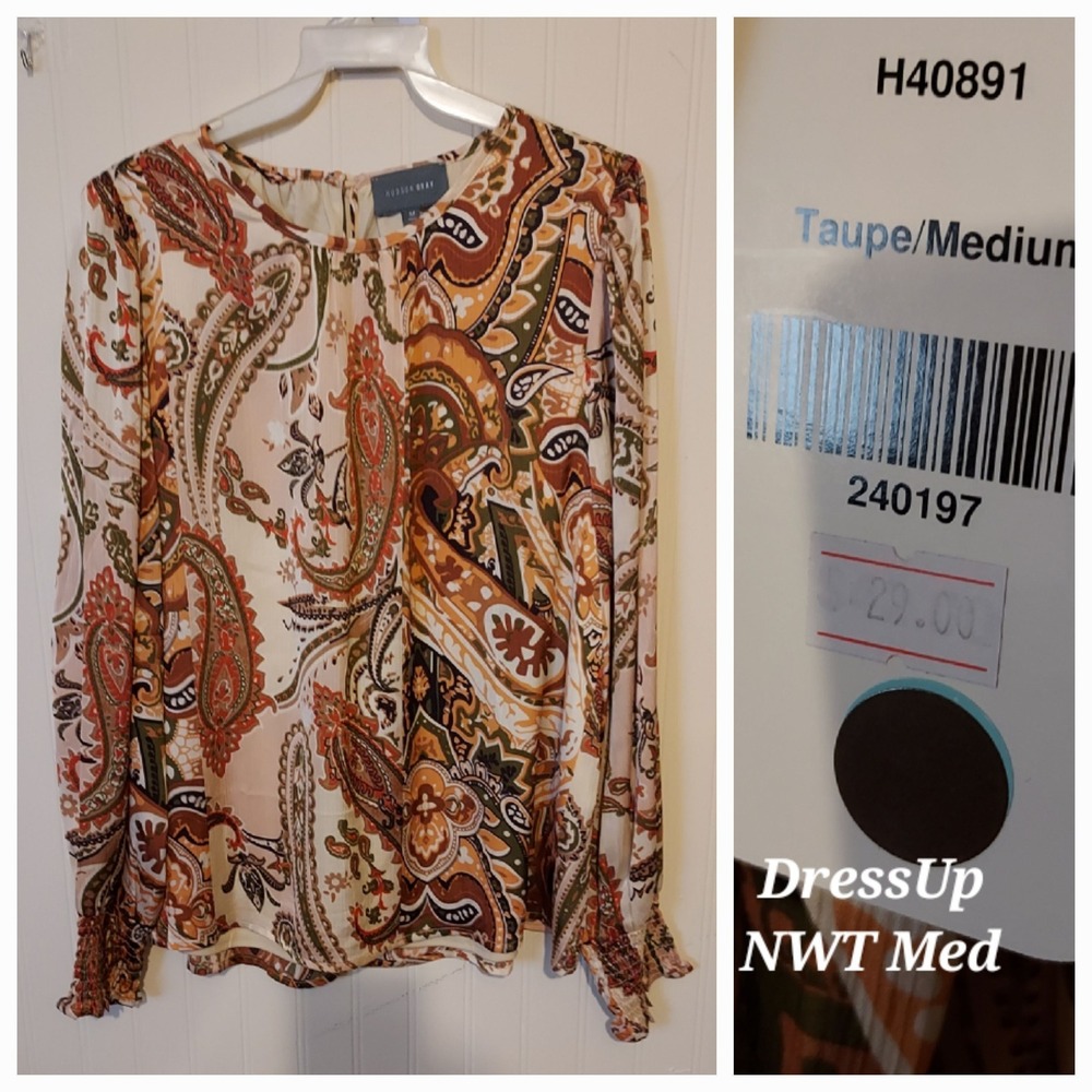 NWT Hudson Gray Taupe Paisley Boho Blouse - Medium